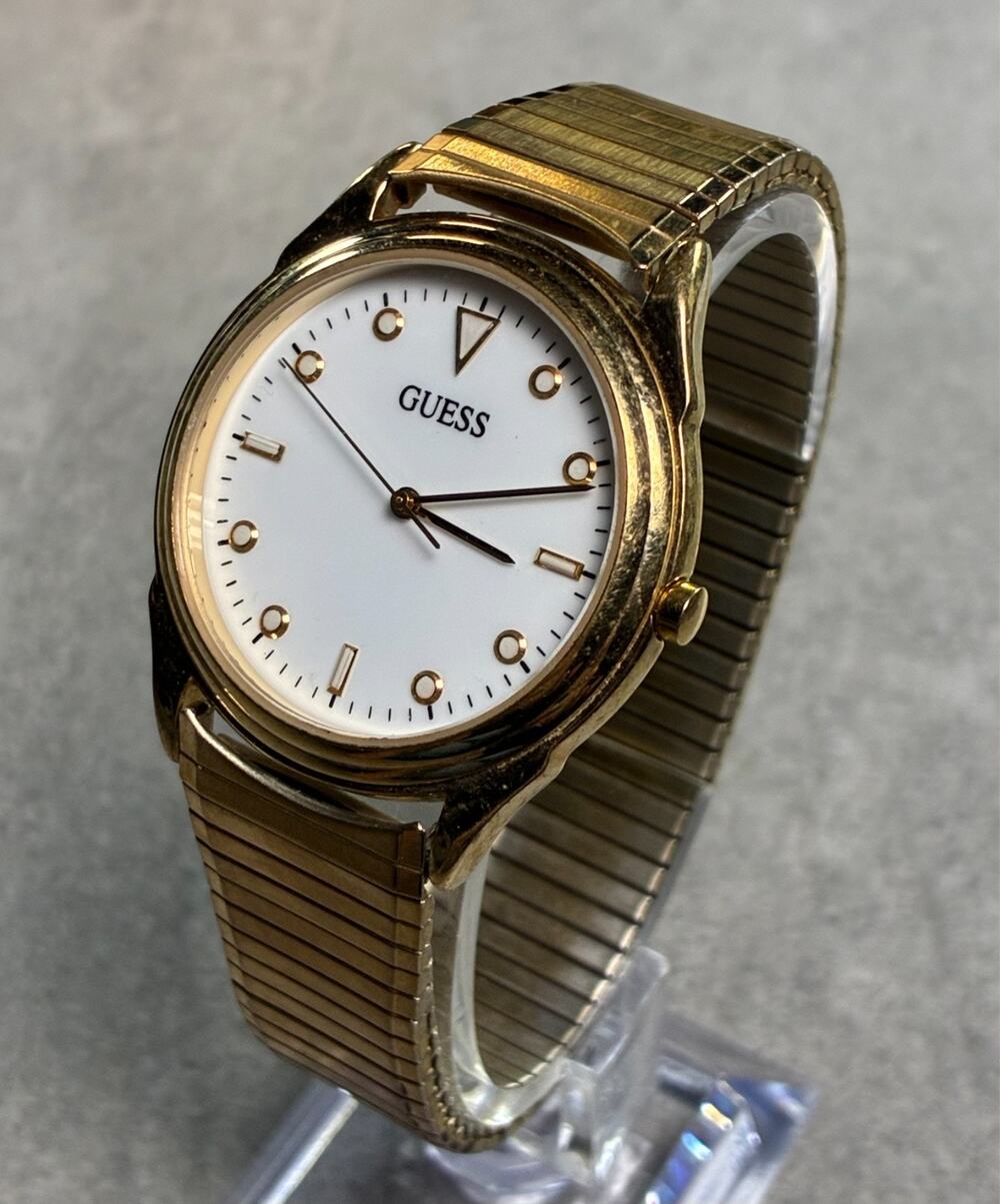 Guess Quartz 1996 Men's Watch Gold Tone White Dial Expansion Bracelet Working